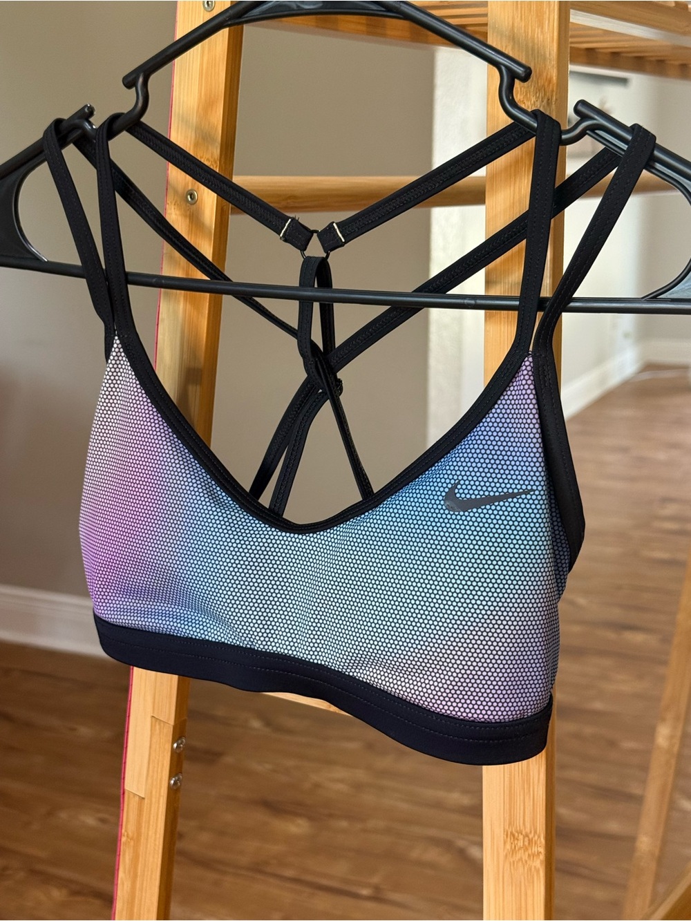 Nike Gradient Strappy Sports Bra in Pastel Blue-Purple with Black